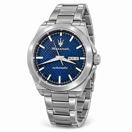 Orologio Maserati automatico da uomo in acciaio con quadrante blu, vista lato corona.