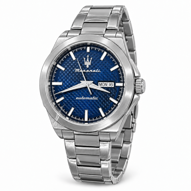 Orologio Maserati automatico da uomo in acciaio con quadrante blu, vista lato corona.