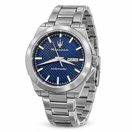 Orologio Maserati uomo in acciaio con movimento automatico e quadrante blu, vista prospettica.