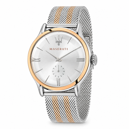 Orologio Maserati Epoca bicolore con quadrante argentato, lunetta rosata e bracciale mesh in acciaio.