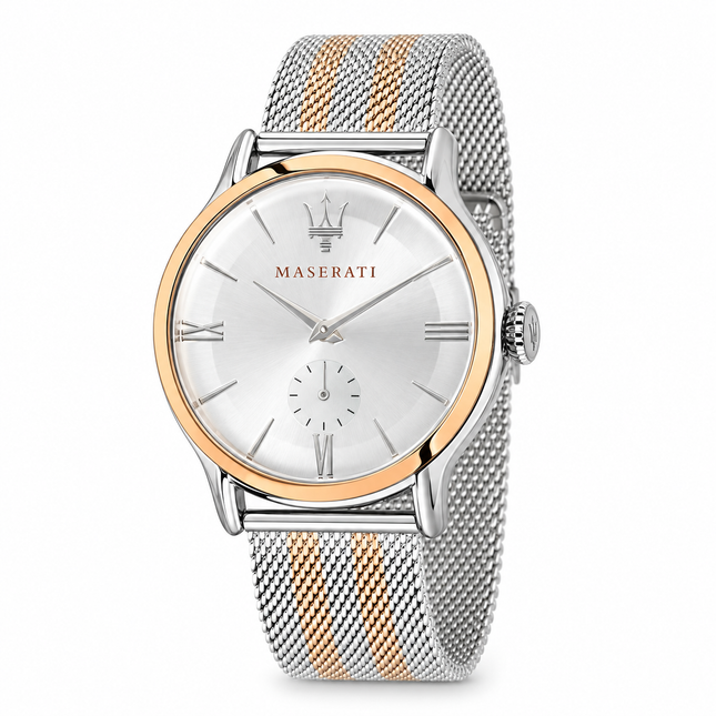 Orologio Maserati Epoca bicolore con quadrante argentato, lunetta rosata e bracciale mesh in acciaio.