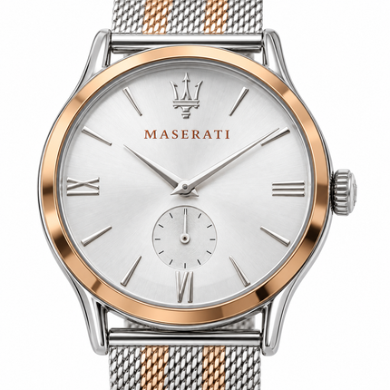 Quadrante argentato Maserati Epoca con finitura soleil, numeri romani e piccoli secondi a ore sei.