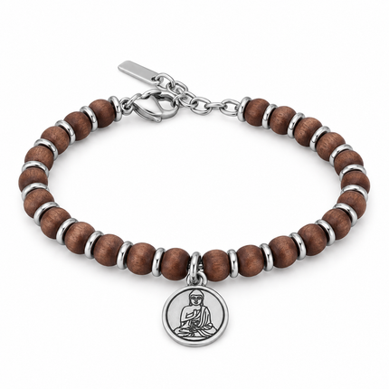 Bracciale 2Jewels con perline marroni e medaglia Buddha visto a tre quarti