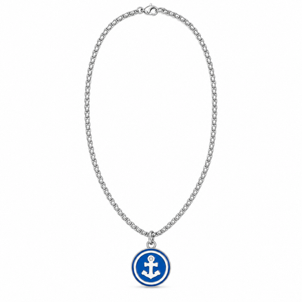 Collana in acciaio con medaglione blu e ancora color argento