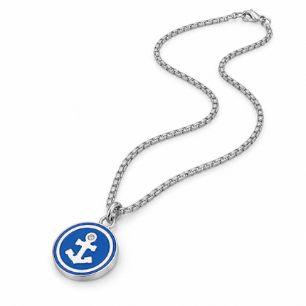 Collana in acciaio con pendente ancora blu vista a tre quarti