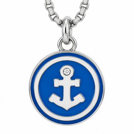 Dettaglio del medaglione blu con ancora e piccolo cristallo