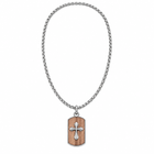 Collana uomo in acciaio con piastrina effetto legno e croce argentata