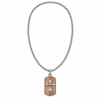 Collana uomo in acciaio con piastrina effetto legno e croce argentata