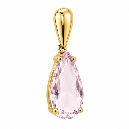 Dettaglio frontale dell’orecchino dorato con cristallo rosa sfaccettato