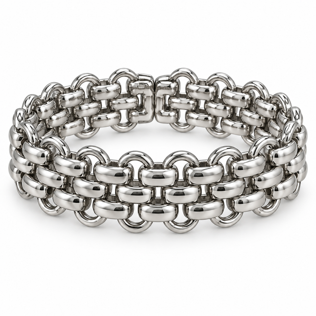 Bracciale largo donna colore argento con lavorazione a maglie intrecciate