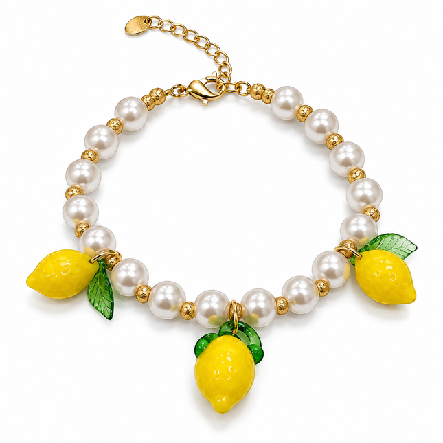Bracciale donna con perle bianche e tre pendenti limone gialli