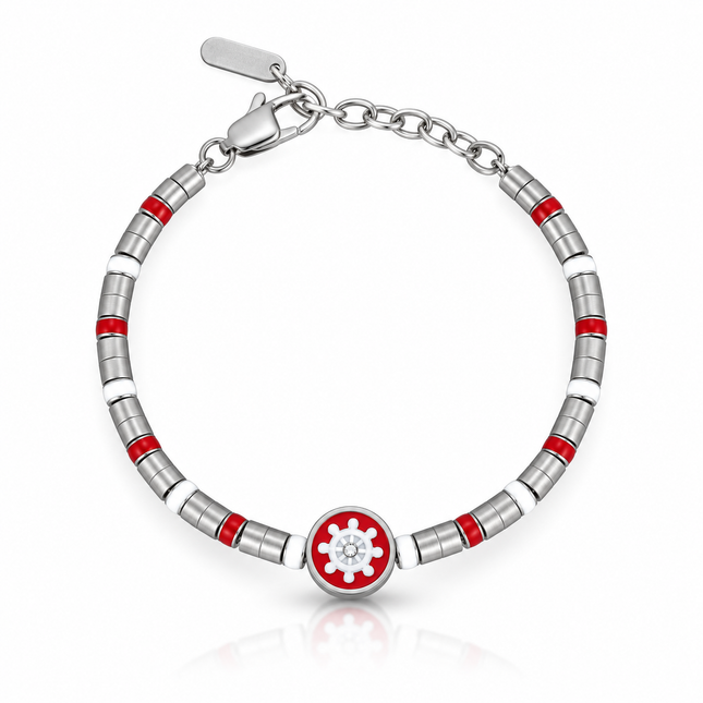 Bracciale uomo in acciaio con smalto rosso e timone