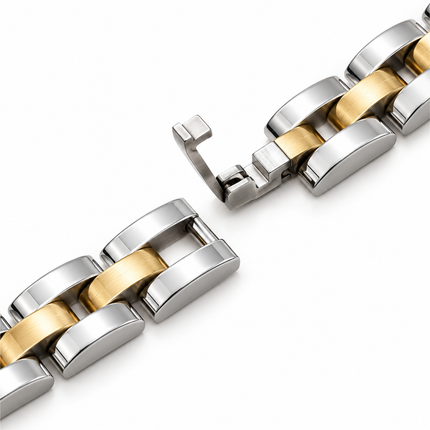 Chiusura a scatto del bracciale in acciaio argento e oro