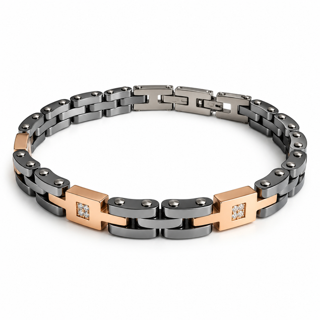 Bracciale uomo bicolore antracite e rosé con cristalli vista principale