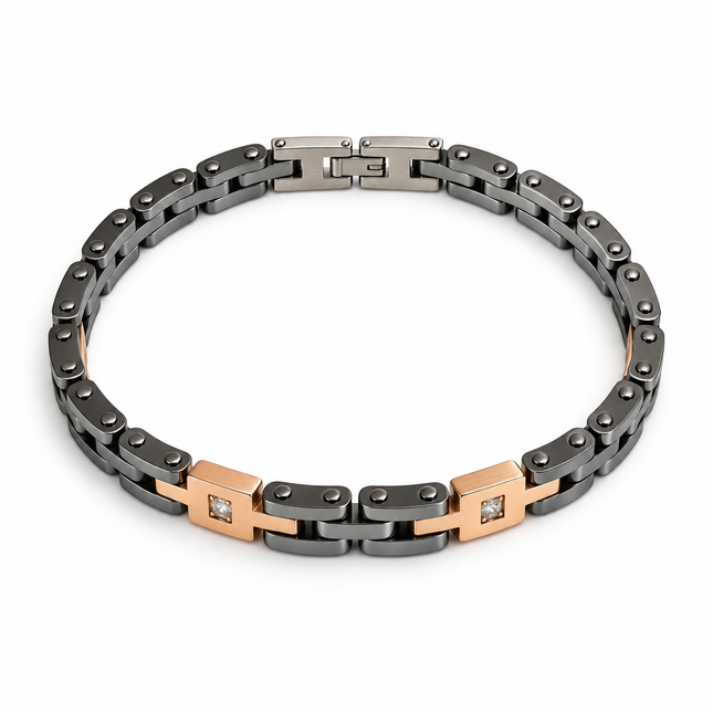 Bracciale uomo a maglie articolate bicolore visto dall'alto