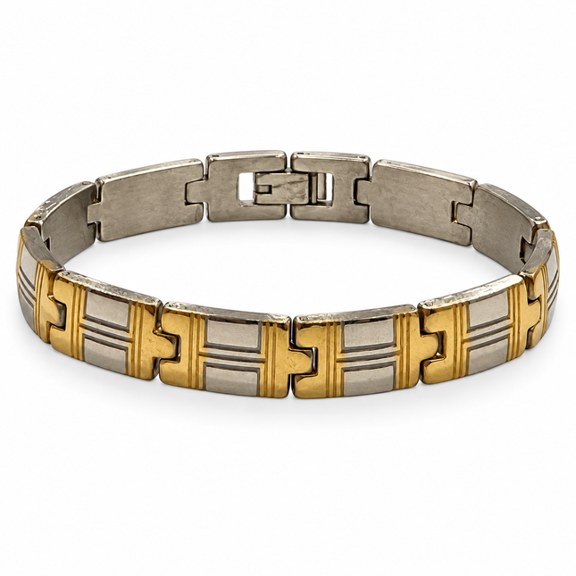 Bracciale uomo bicolore oro e argento con maglie geometriche
