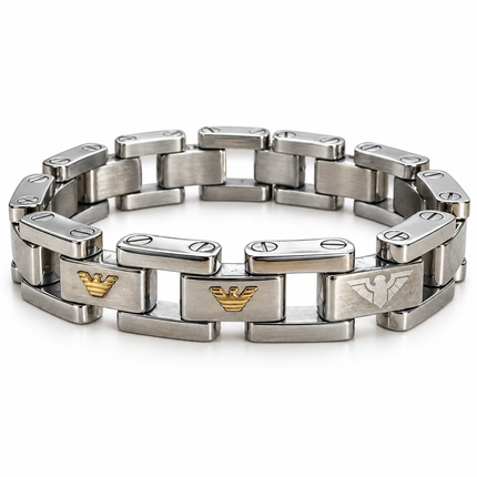 Bracciale uomo in acciaio a maglie geometriche con aquile