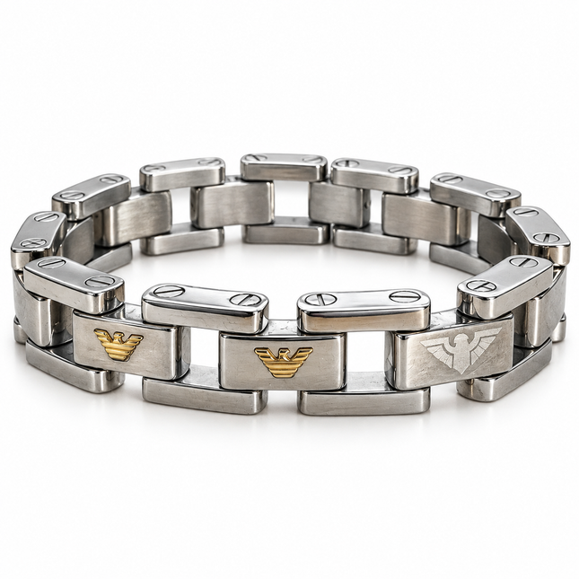Bracciale uomo in acciaio a maglie geometriche con aquile