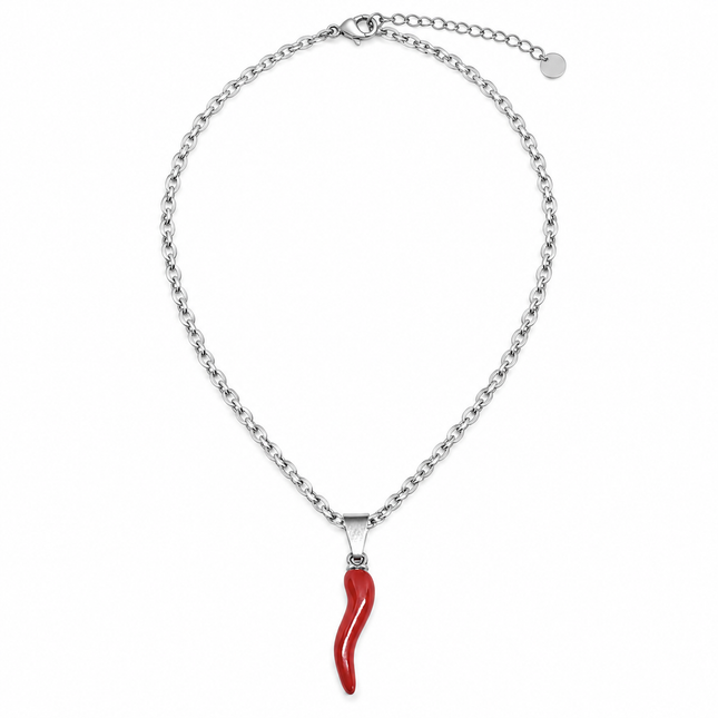 Collana donna Shelly in acciaio silver con cornetto rosso portafortuna
