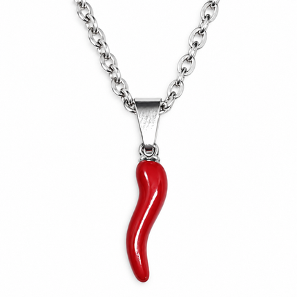 Ciondolo cornetto rosso smaltato con passante in acciaio color argento