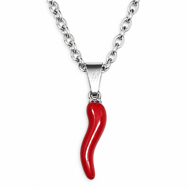 Ciondolo cornetto rosso smaltato con passante in acciaio color argento