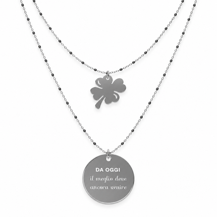 Collana doppio filo con quadrifoglio e medaglia portafortuna