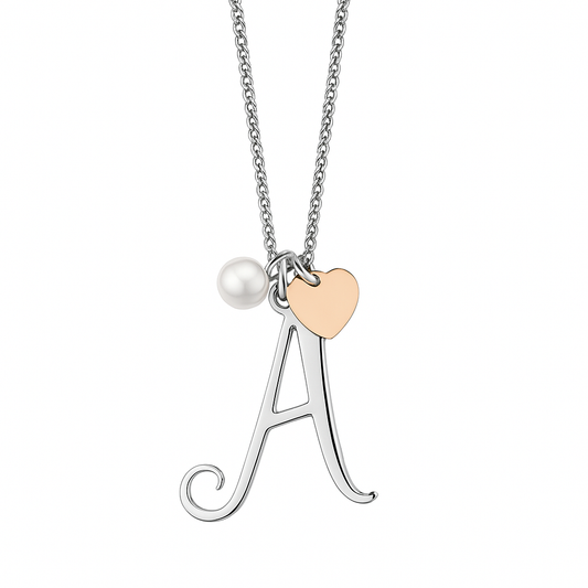 2jewels Collana Iniziale Lettera Nome con Cuore e Perla - Acciaio Argento Donna