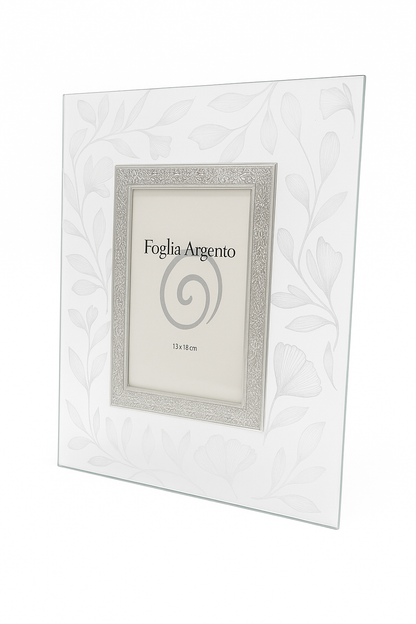 Cornice Beltrami Foglia Argento Vetro 13x18 cm Fiori – Portafoto 6x8 cm