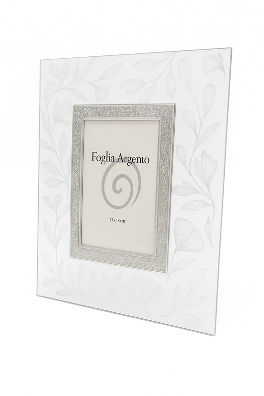 Cornice Beltrami Foglia Argento Vetro 13x18 cm Fiori – Portafoto 6x8 cm