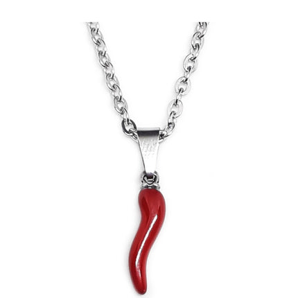 Collana Donna Shelly Acciaio Silver Cornetto Portafortuna Smalto Rosso 40+5cm