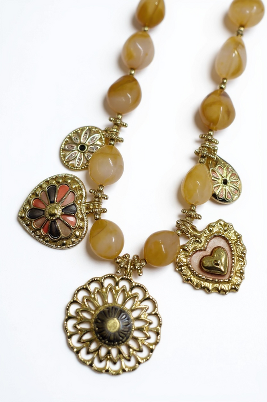 Collana Boho Chic Donna Pietre Giallo Miele - Ciondoli Smaltati Vintage