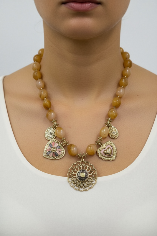 Collana Boho Chic Donna Pietre Giallo Miele - Ciondoli Smaltati Vintage