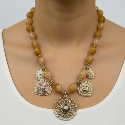 Collana Donna Boho Shelly Perle Giallo Miele Ciondoli Dorati Vintage Etnico