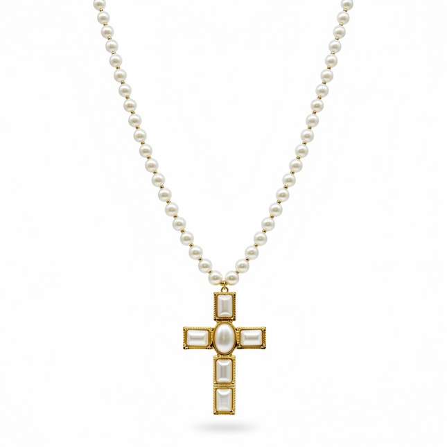 Collana Donna Perle Bianche Ciondolo Croce Oro Madreperla 55 cm Statement