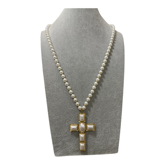 Collana Donna Perle Sintetiche con Croce Barocca Oro – Elegante Vintage Chic 65 cm