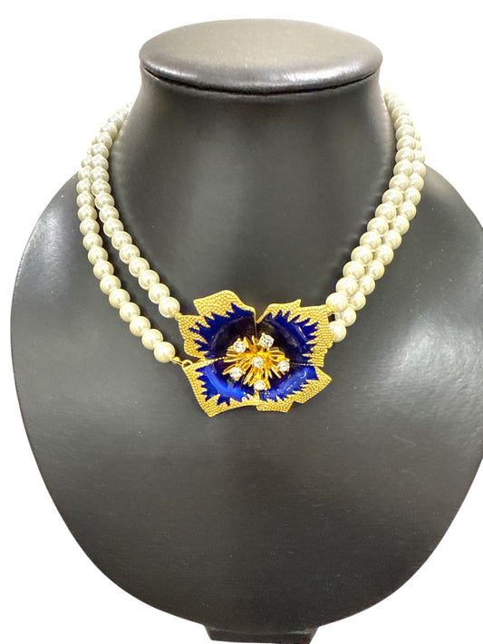 Collana Donna Doppio Filo di Perle con Fiore Blu e Oro – Stile Barocco Elegante 50 cm
