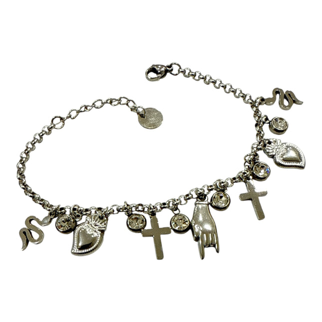 Bracciale Donna in Acciaio con Simboli Mistici – Croci, Cuori Sacri, Mano Rock e Serpente