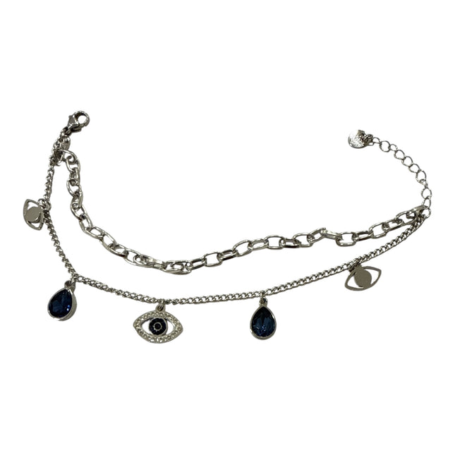Bracciale Donna Doppia Catena in Acciaio con Charms Occhio, Pianeti e Cristalli Blu – Stile Astrale e Protettivo