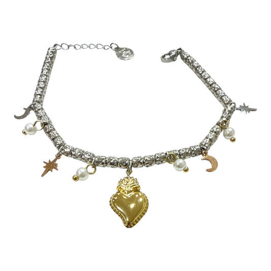 Bracciale Donna in Acciaio con Cuore Dorato, Stelle, Lune e Perle – Stile Astrale e Barocco