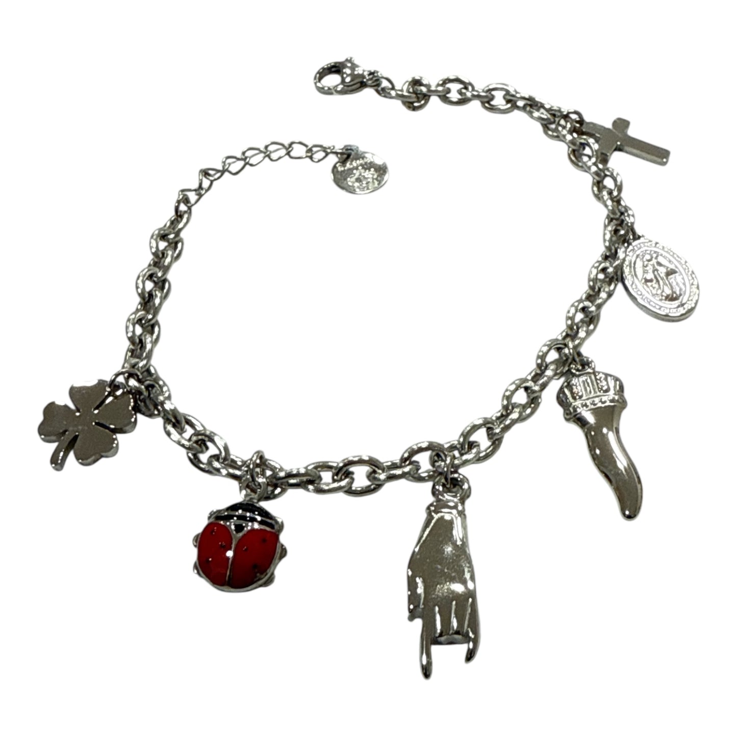 Bracciale portafortuna con ciondoli – Acciaio – Quadrifoglio, Coccinella, Corno, Mano, Croce