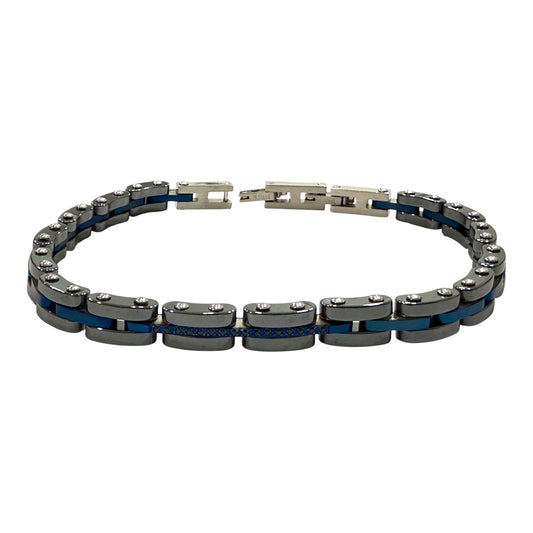 Bracciale uomo acciaio blu e grigio – Maglia rettangolare con viti – Design moderno