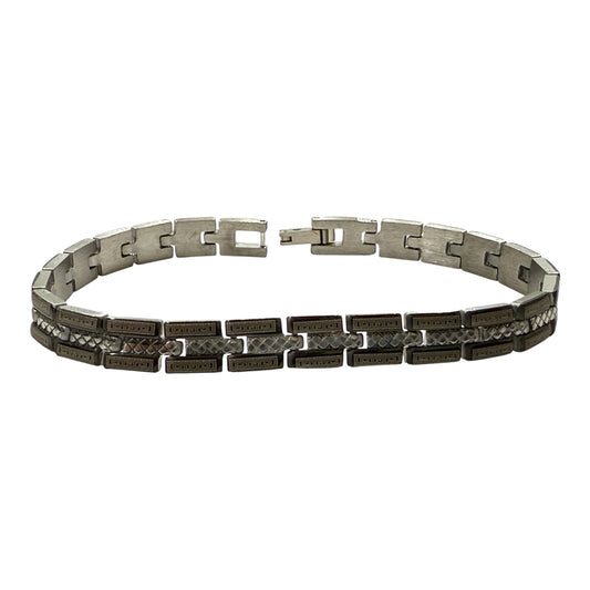 Bracciale uomo acciaio satinato – Maglia rettangolare con dettagli incisi – Stile industrial
