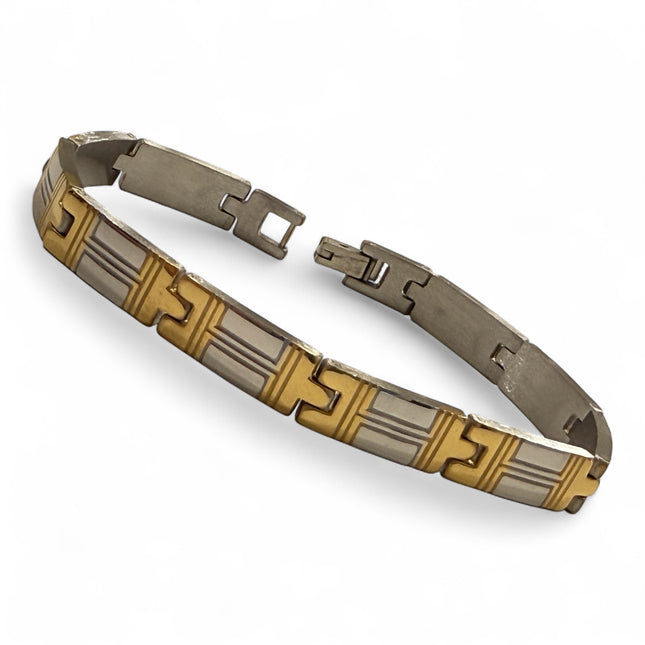 Bracciale da Uomo in Acciaio Bicolore – Design Geometrico con Dettagli Dorati, Eleganza e Carattere