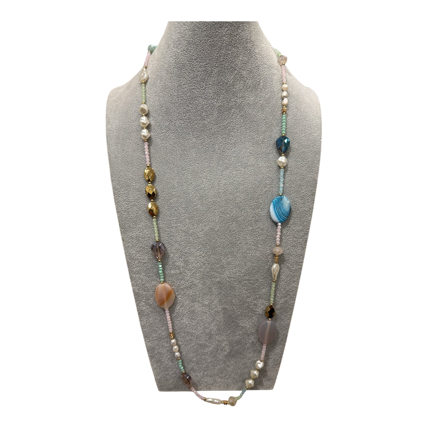Collana lunga multicolor con perle e pietre dure per donna