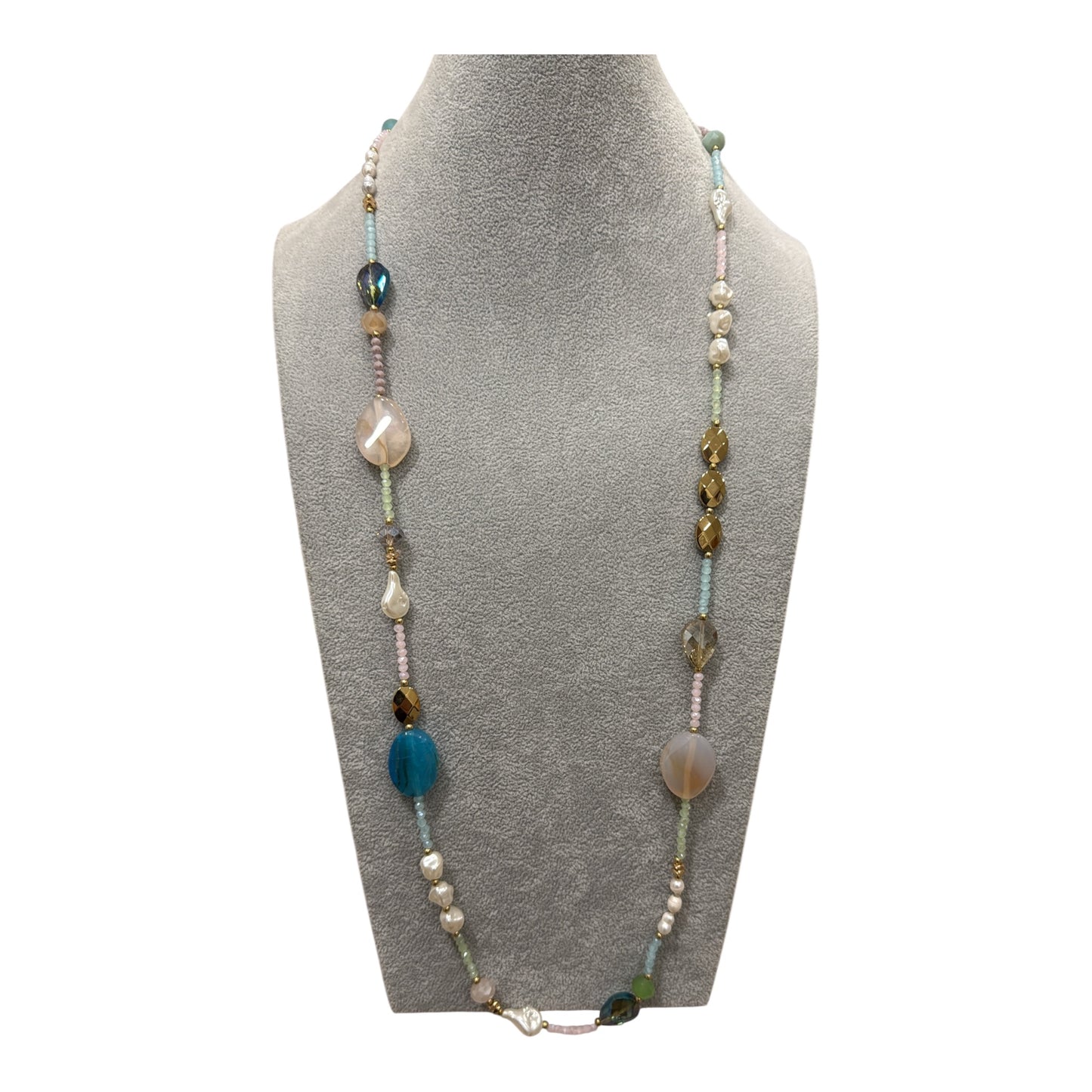 Collana lunga multicolor con perle e pietre dure per donna