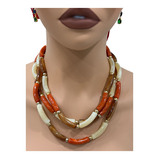 Collana Donna Shelly Perline Colorate Multifilo Etnica Boho Rosso Marrone Bianco