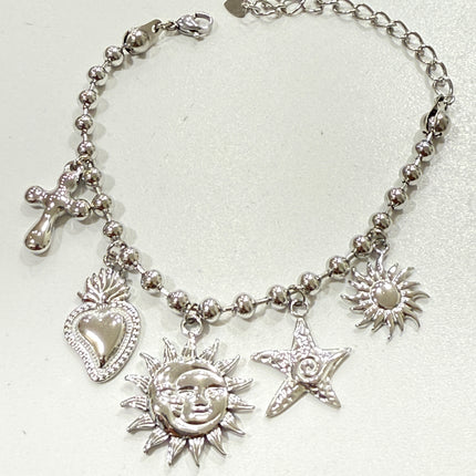 Bracciale in Acciaio  Donna con Ciondoli Astrali e Sacri – Stile Boho Chic