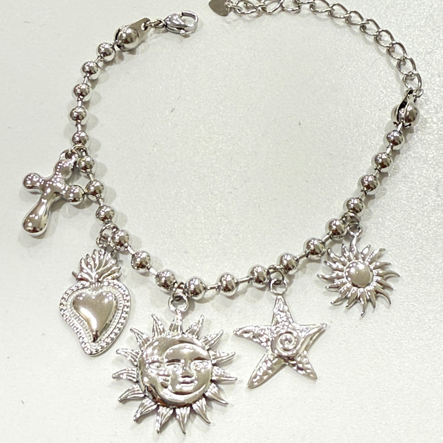 Bracciale in Acciaio  Donna con Ciondoli Astrali e Sacri – Stile Boho Chic