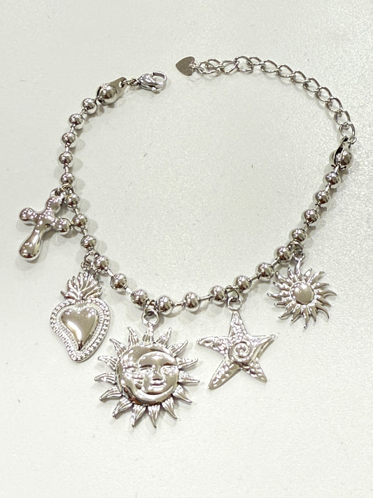 Bracciale in Acciaio  Donna con Ciondoli Astrali e Sacri – Stile Boho Chic