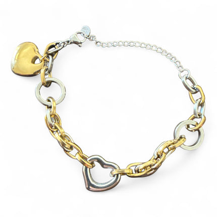 Bracciale Donna Acciaio 316L Catena Bicolore con Cuori Regolabile